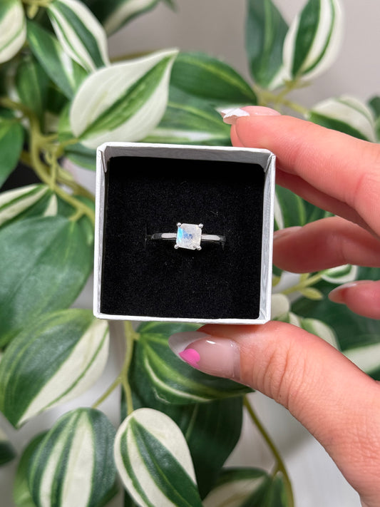 Rainbow moonstone square ring (sizes 6, 8, 10)