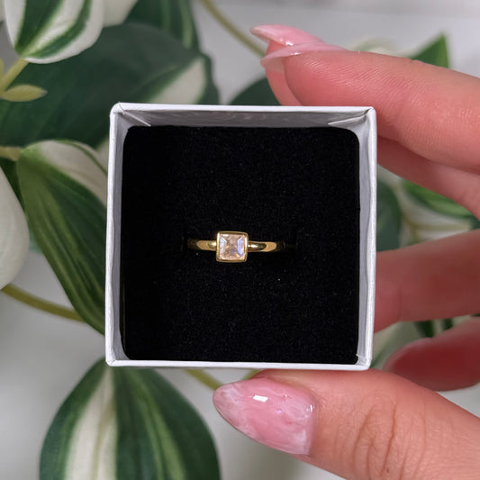Gold plated rainbow moonstone square ring (Sizes 3, 4.5)