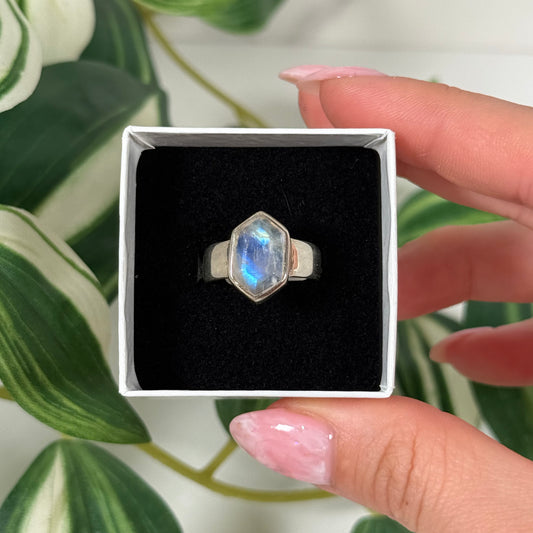 Size 7 rainbow moonstone elongated hexagonal ring