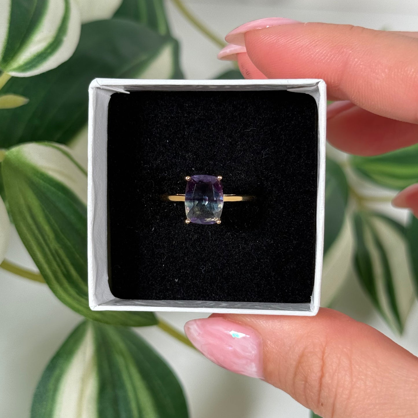Size 6 gold plated rainbow fluorite ring (pick shape)
