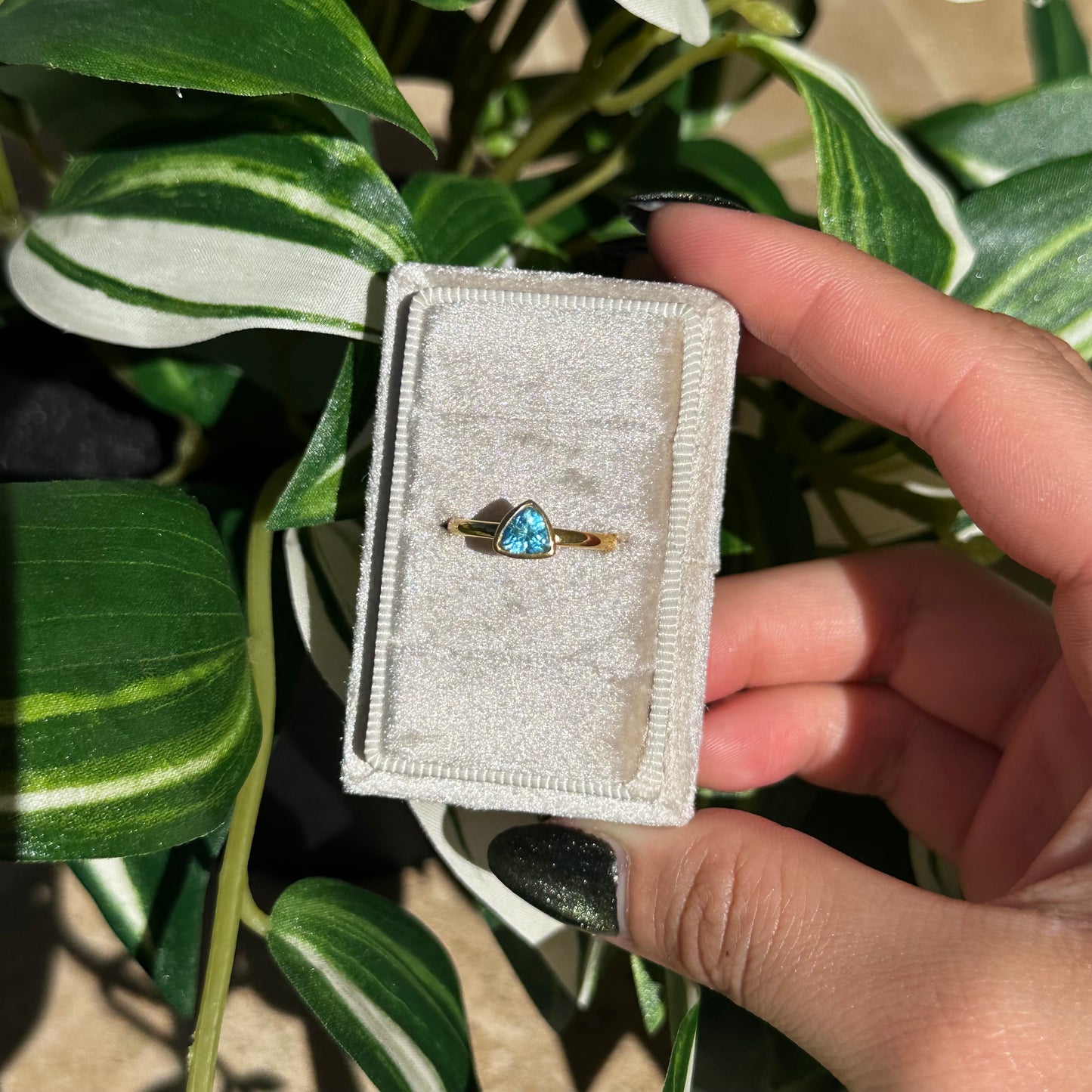 Size 9 gold plated blue topaz triangle ring