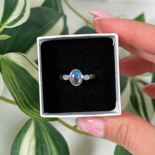 Size 8 rainbow moonstone/blue topaz ring