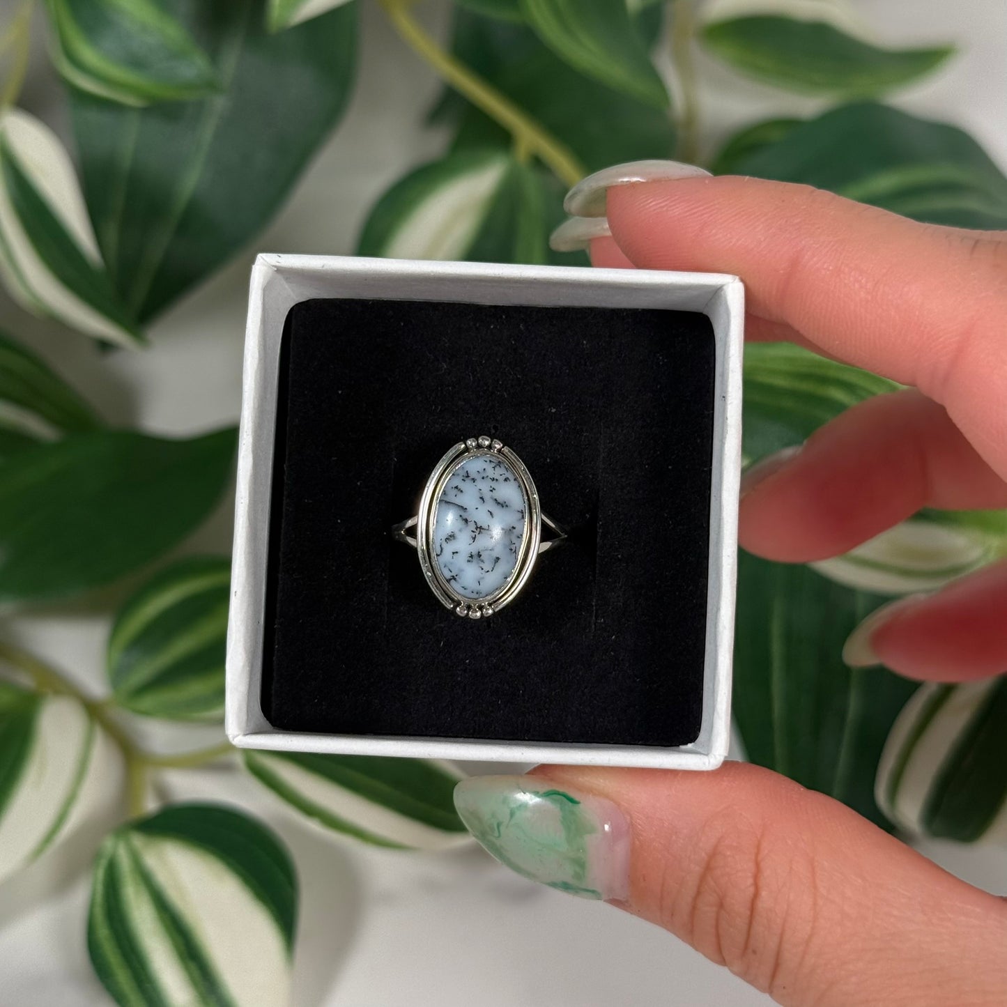 Size 8 dendritic opal ring