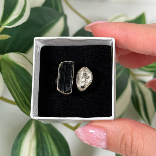 Black tourmaline/Herkimer diamond ring (Sizes 5, 9)