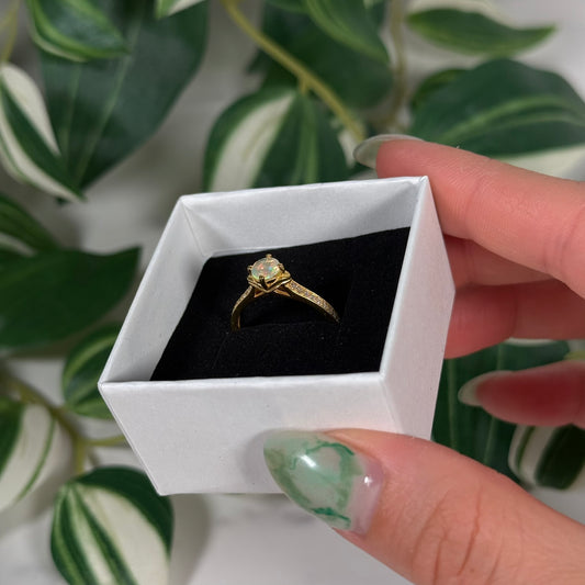 Size 8 gold plated Ethiopian opal with natural diamonds ring