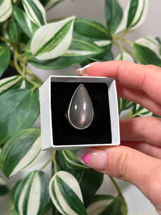 Adjustable pink labradorite ring