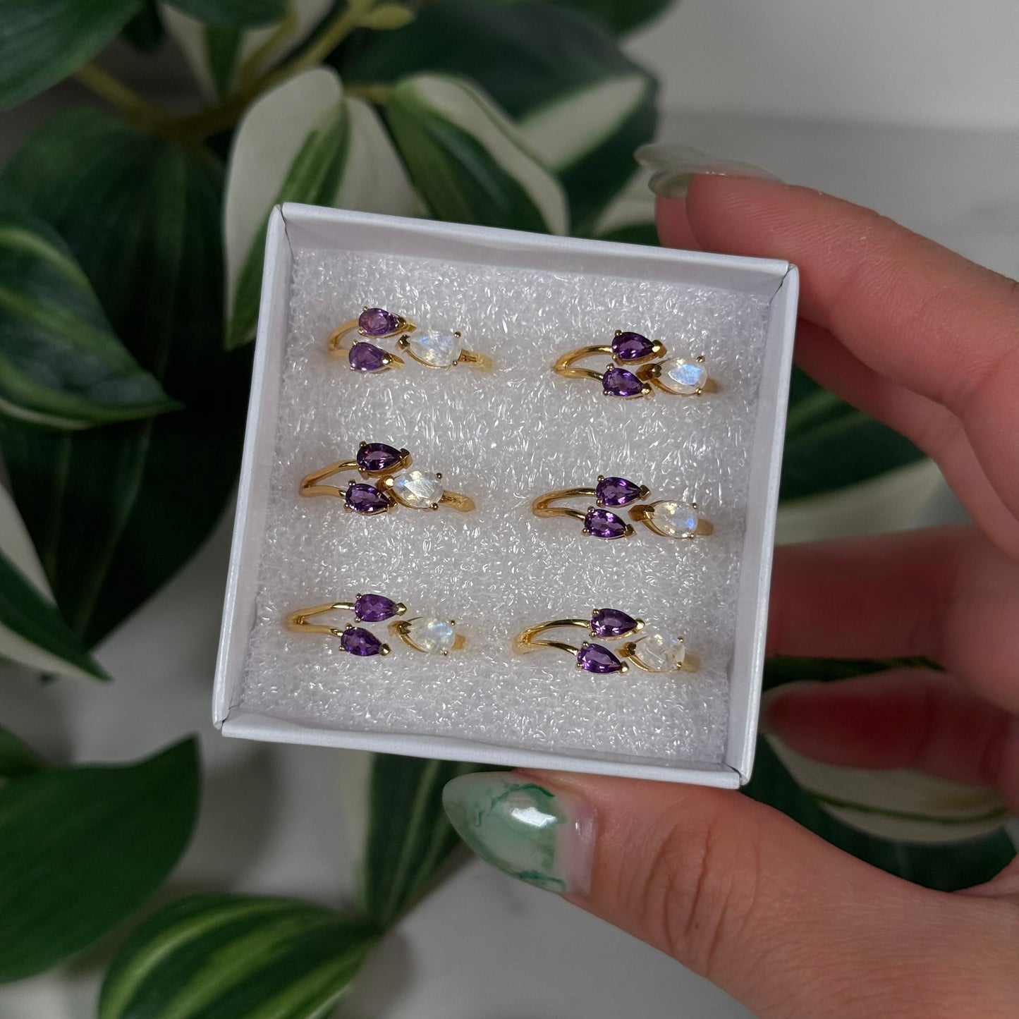 Gold plated amethyst/rainbow moonstone ring (Sizes 6, 7, 8)