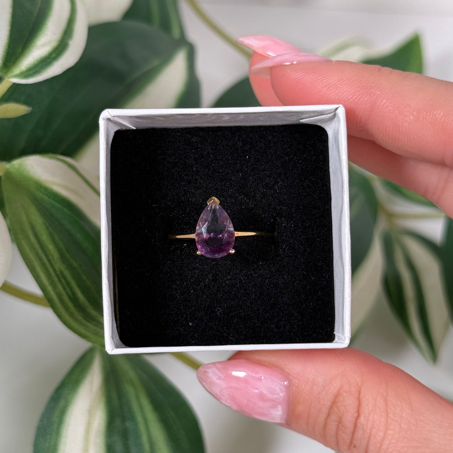 Size 6 gold plated rainbow fluorite ring (pick shape)