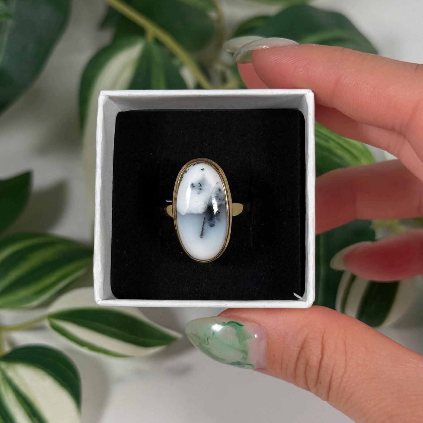 Size 10 gold plated dendritic opal ring