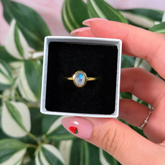 Size 7 gold plated rainbow moonstone ring