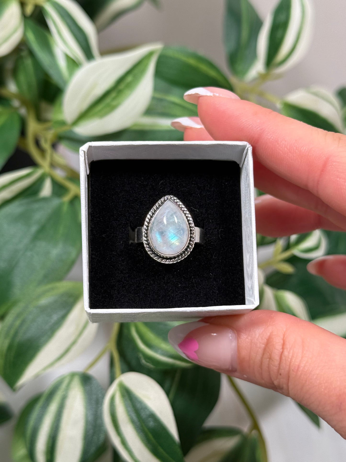 Size 6 rainbow moonstone teardrop ring