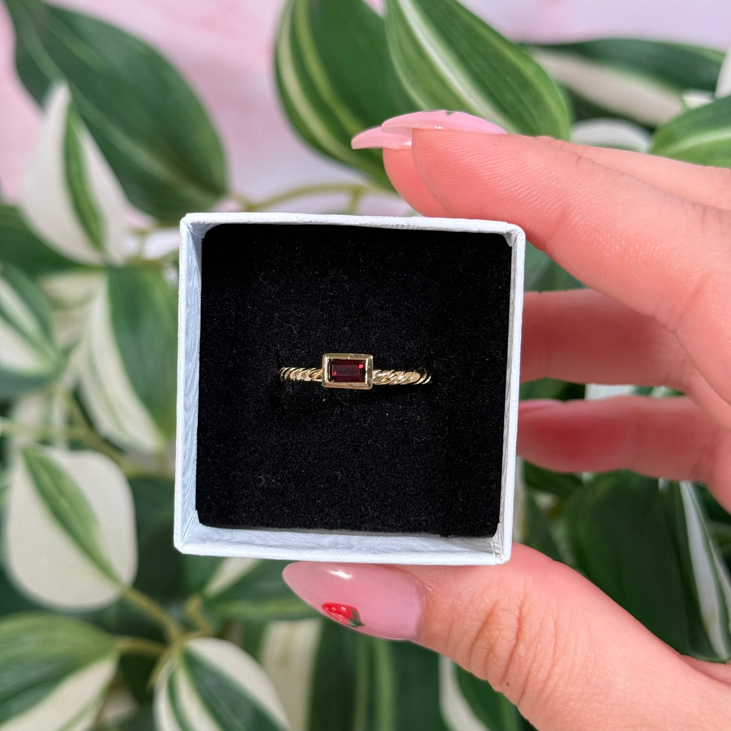 Gold plated rectangle garnet ring (sizes 5, 6, 9)