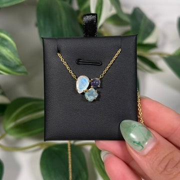 Gold moonstone/tanzanite/blue apatite necklace