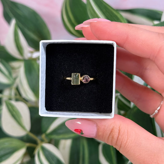 Gold plated pink/green tourmaline ring (sizes 7, 8)