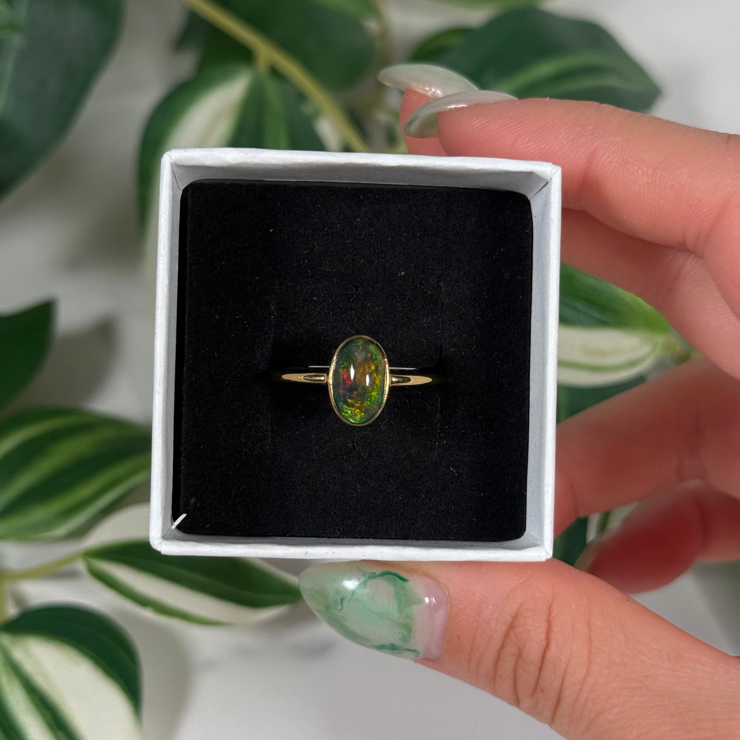 Size 11 gold plated black Ethiopian opal ring