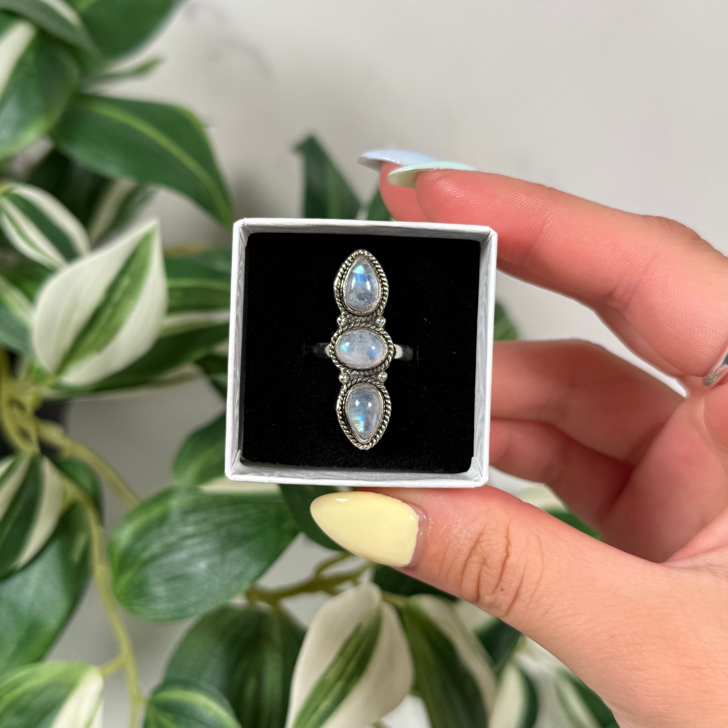 Triple rainbow moonstone ring (sizes 5, 10)