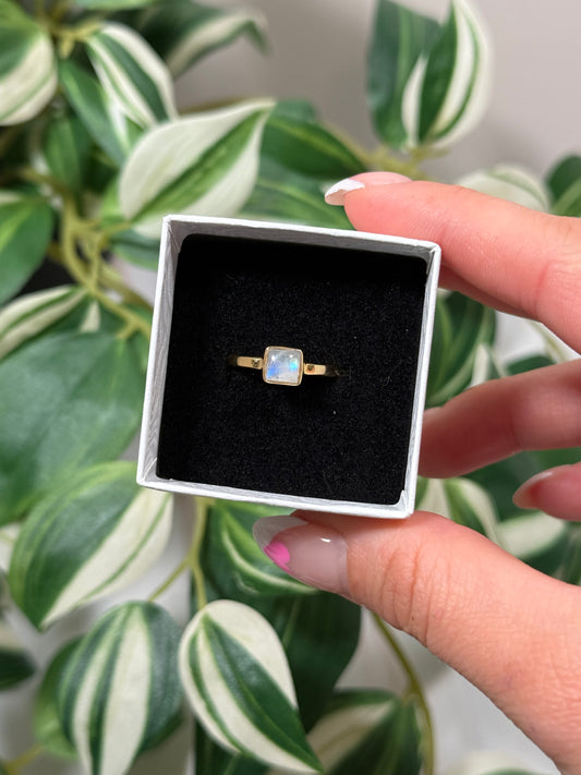 Gold plated square rainbow moonstone ring (sizes 5, 8)