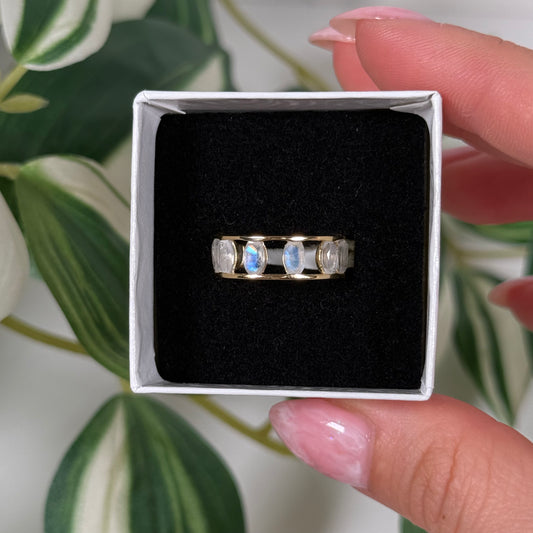 Size 5 gold plated rainbow moonstone ring