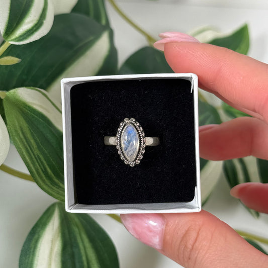 Size 6 rainbow moonstone marquise ring