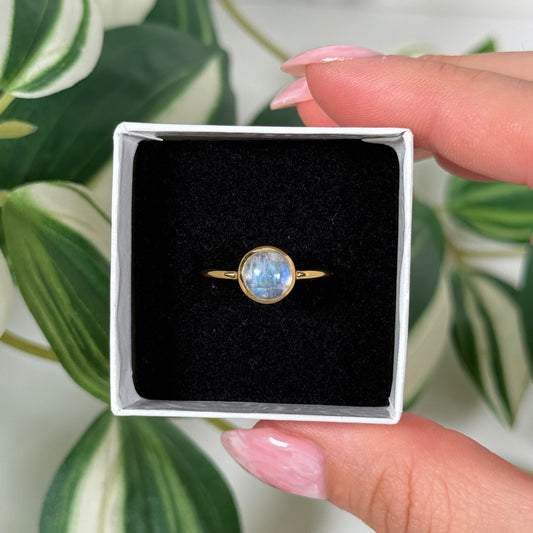 Size 9 gold plated rainbow moonstone ring