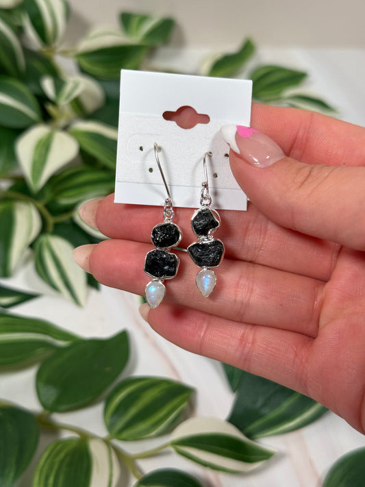 Black tourmaline/moonstone dangle earrings