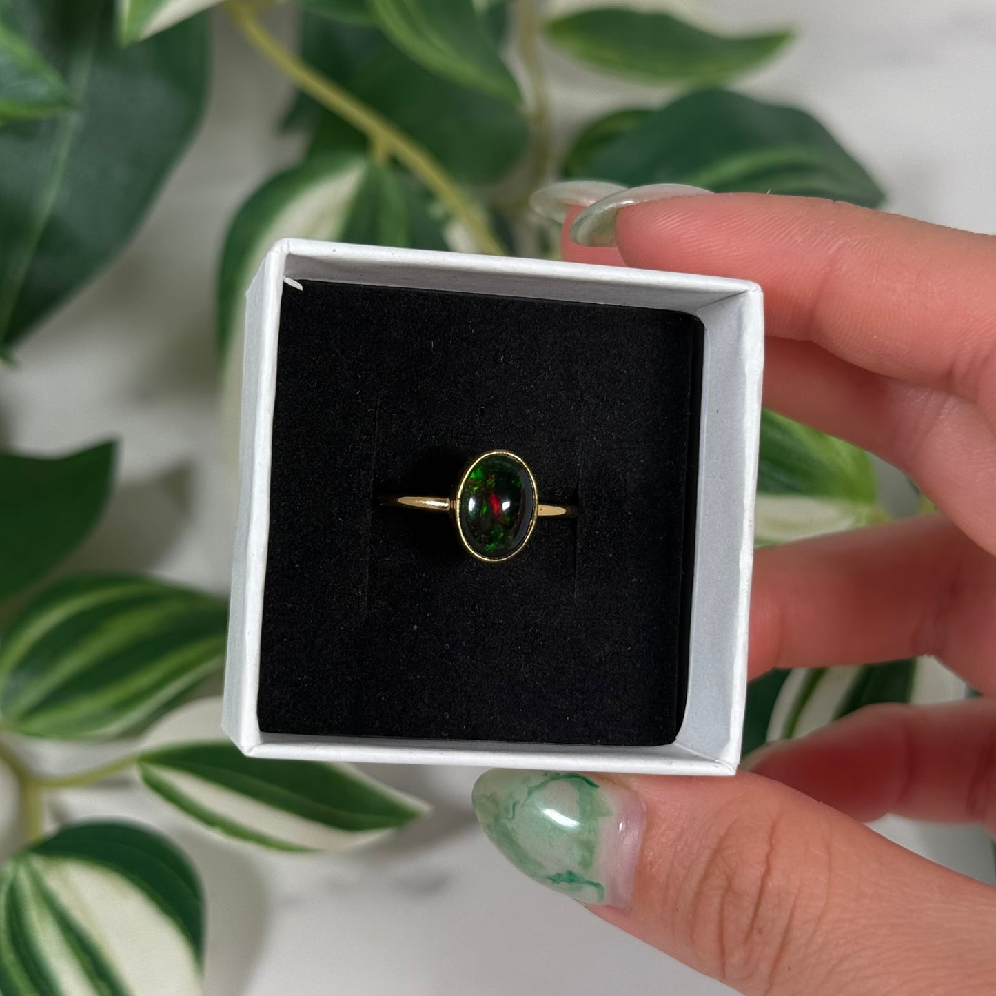 Size 9 gold plated black Ethiopian opal ring