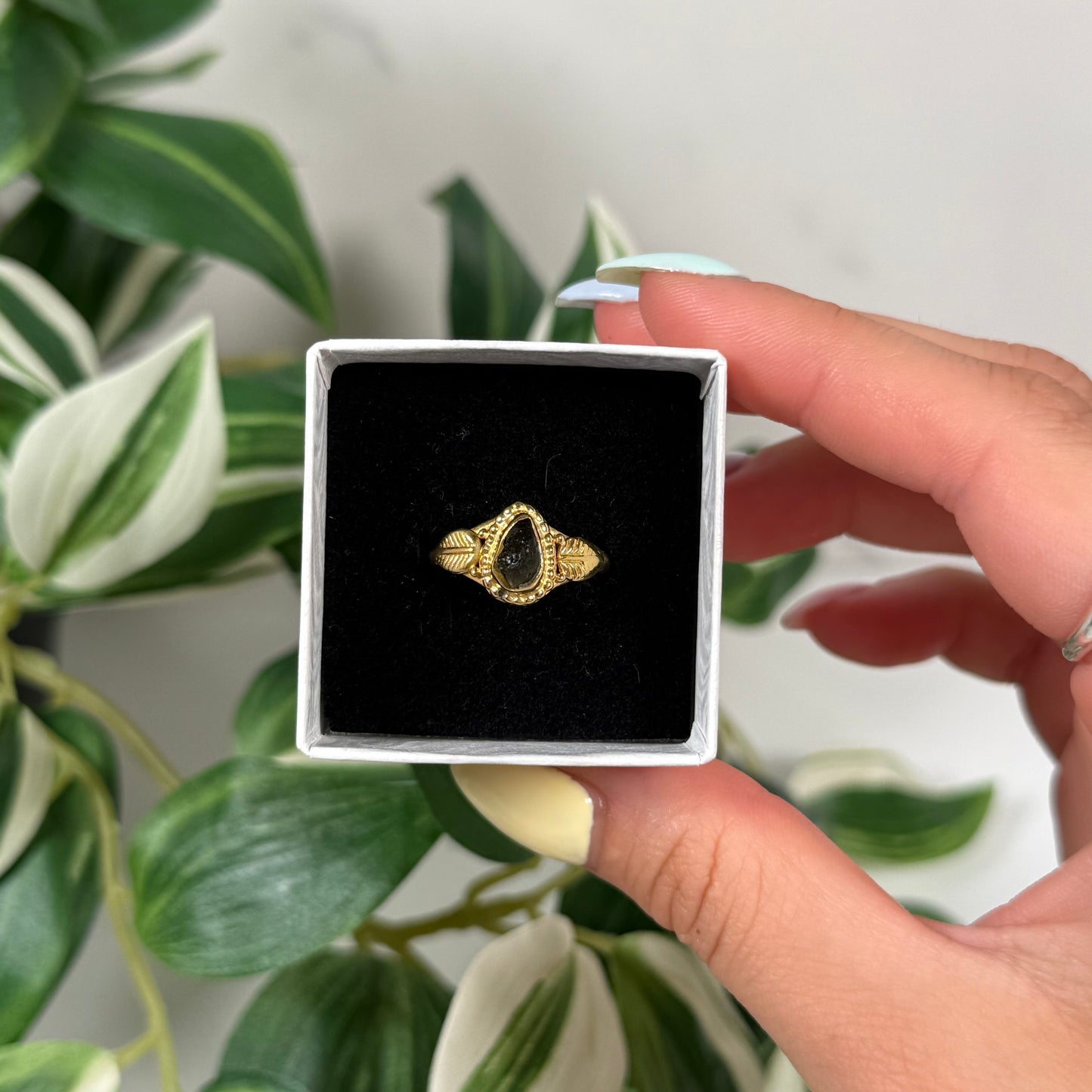 Gold plated moldavite ring (sizes 8, 8.5, 9)