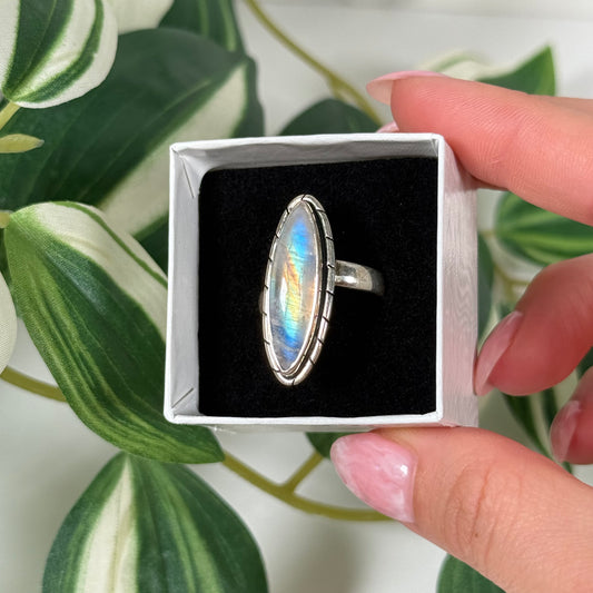 Adjustable rainbow moonstone ring