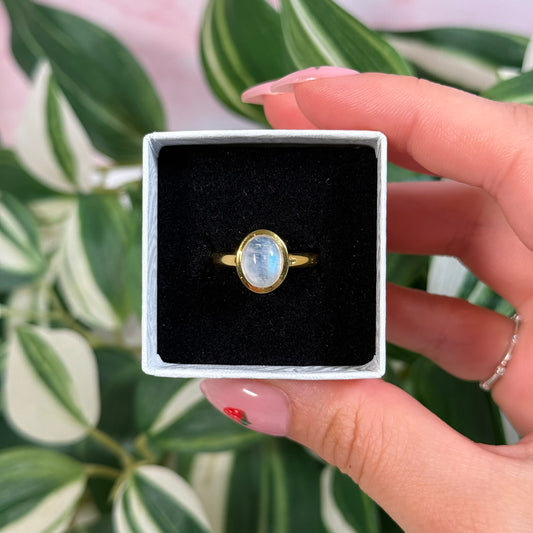 Size 8 gold plated rainbow moonstone ring