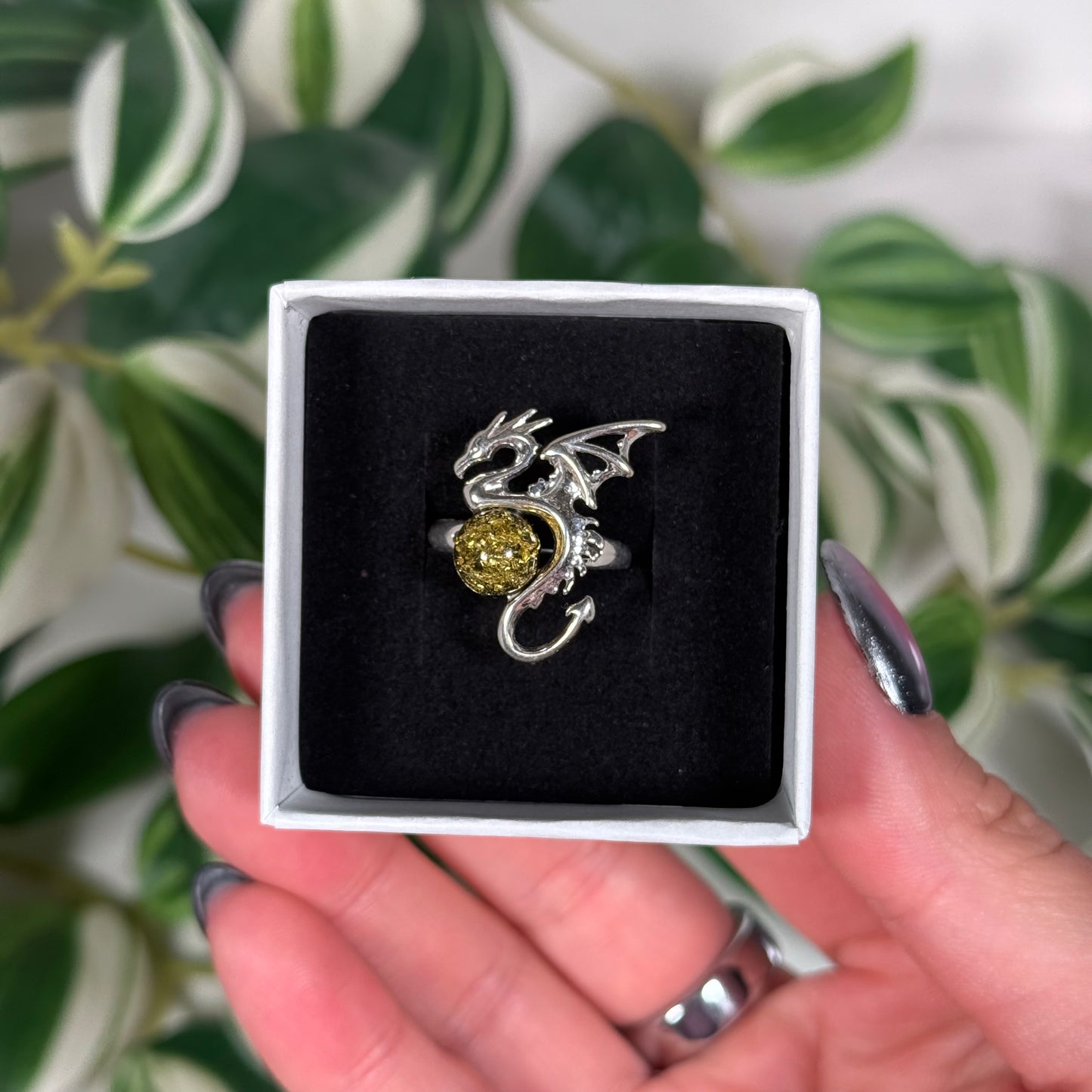 Adjustable (size 5-7) green amber dragon ring