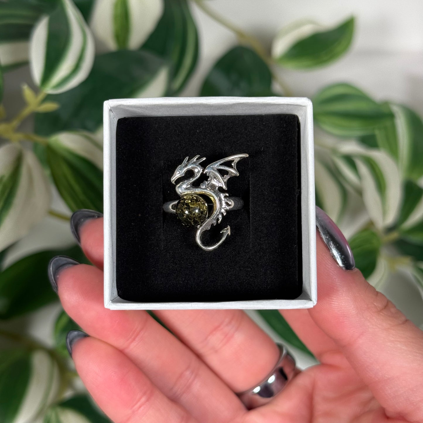 Adjustable (size 8-10) green amber dragon ring