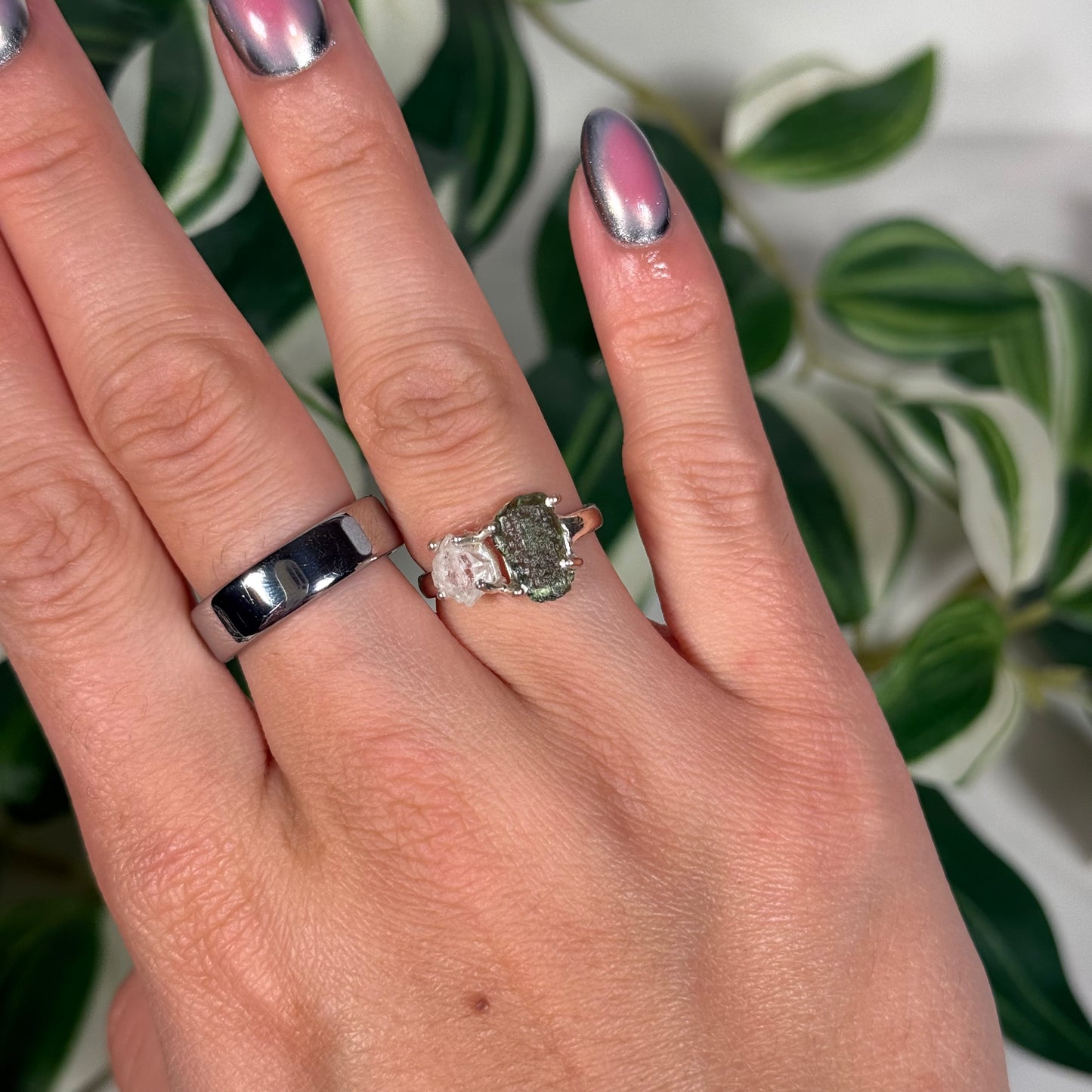 Moldavite/Pakimer diamond ring (Sizes 5, 6, 7)