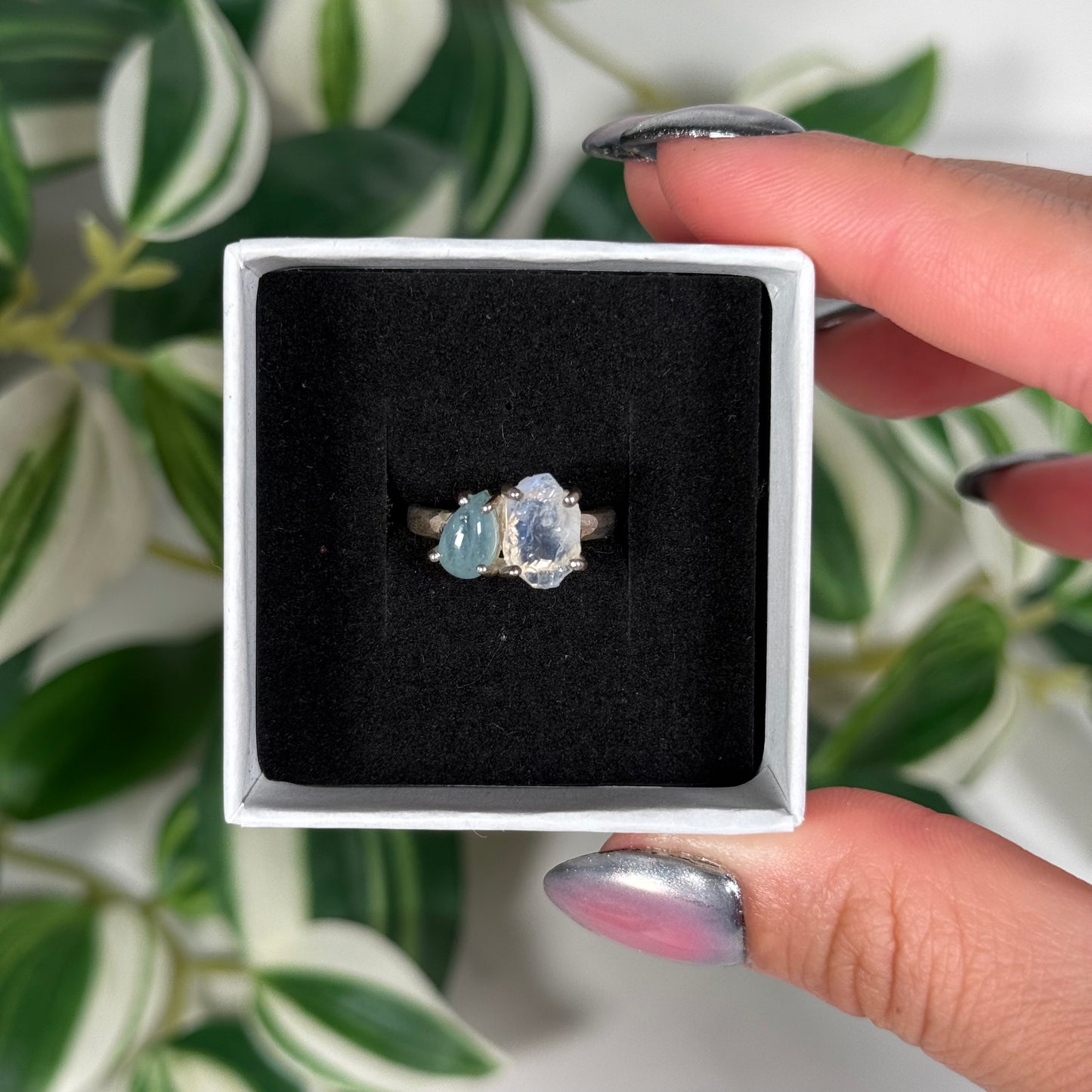Size 6 aquamarine/raw rainbow moonstone ring