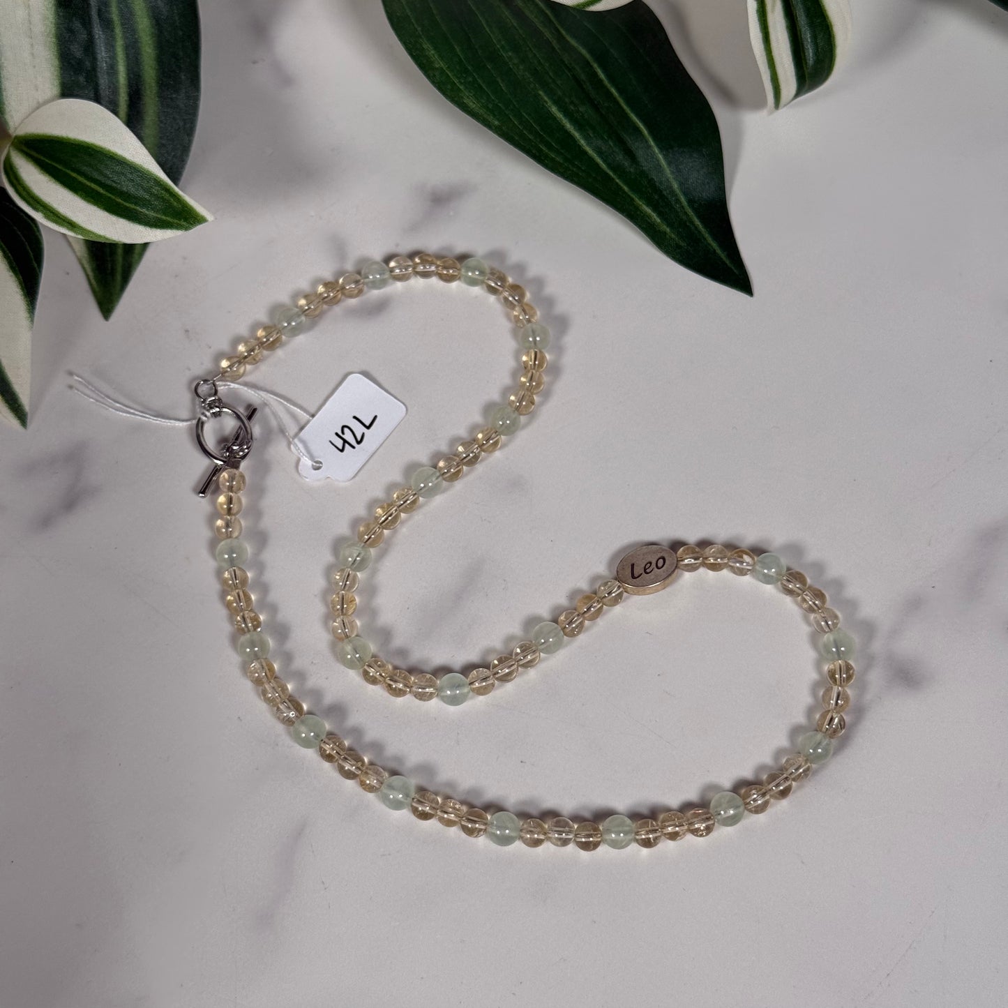 Leo charm citrine and prehnite silver clasp necklace