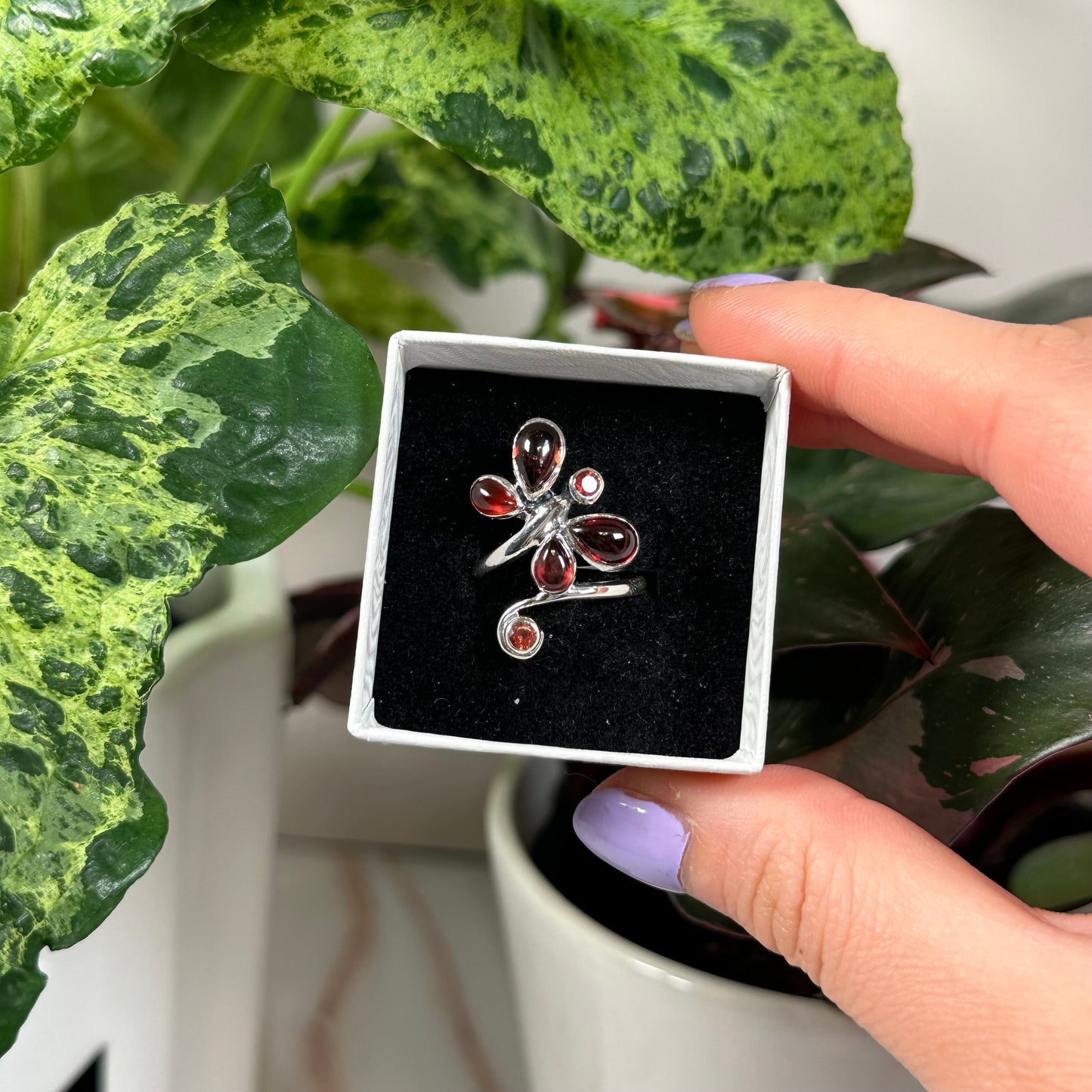 Size 8 garnet butterfly ring