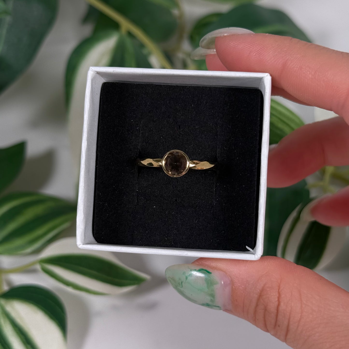 Size 10 gold plated smokey quartz twist band ring
