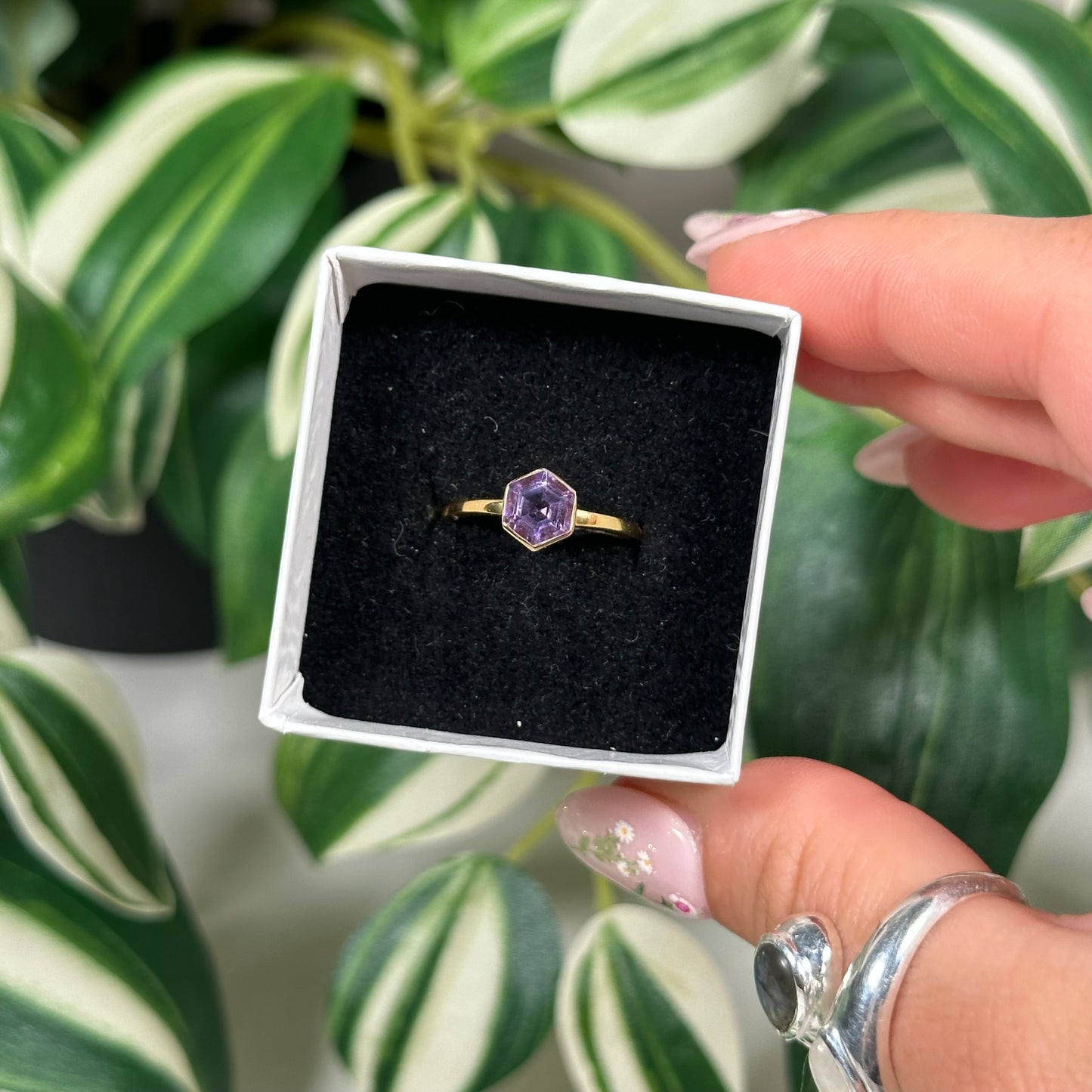 Gold plated hexagon amethyst ring (size 7, 8)