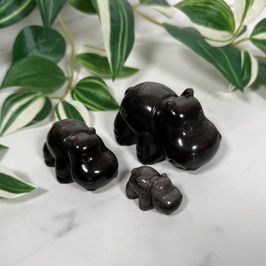 Silver sheen obsidian hippo family
