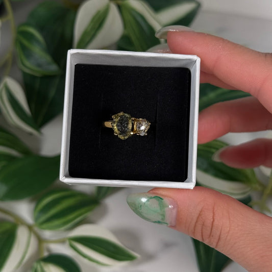 Gold plated Moldavite with Pakimer diamond ring (Sizes 5, 6, 7)