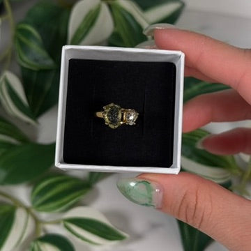 Gold plated Moldavite with Pakimer diamond ring (Sizes 5, 6, 7)