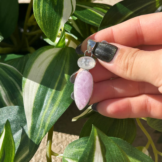 Kunzite and rainbow moonstone pendant