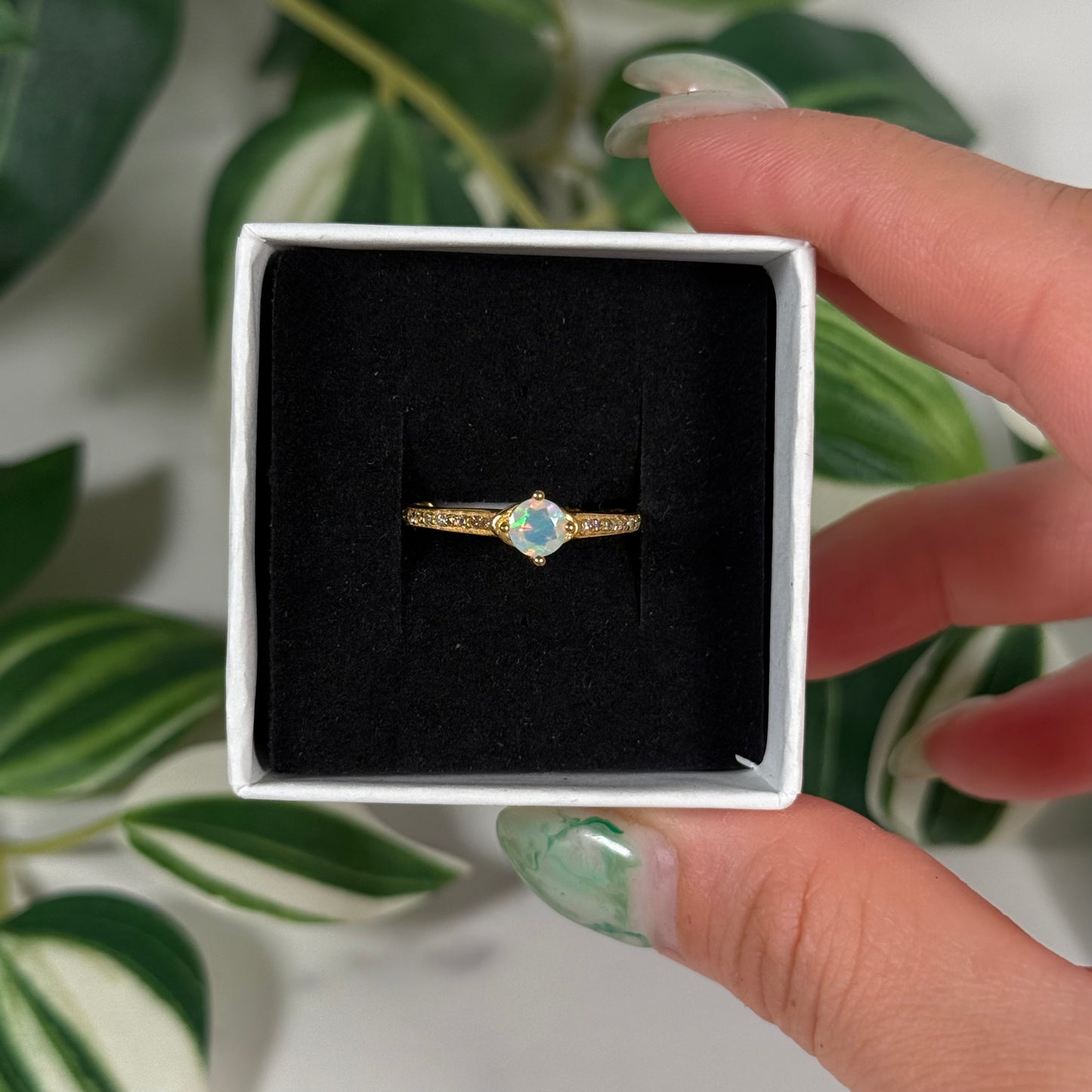 Size 10 gold plated Ethiopian opal with natural diamonds ring