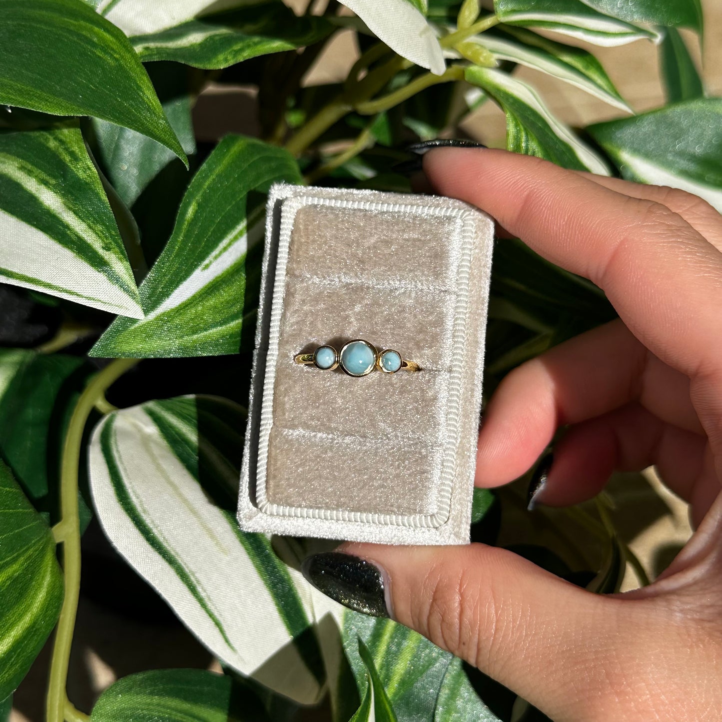 Gold plated size 8 triple larimar ring