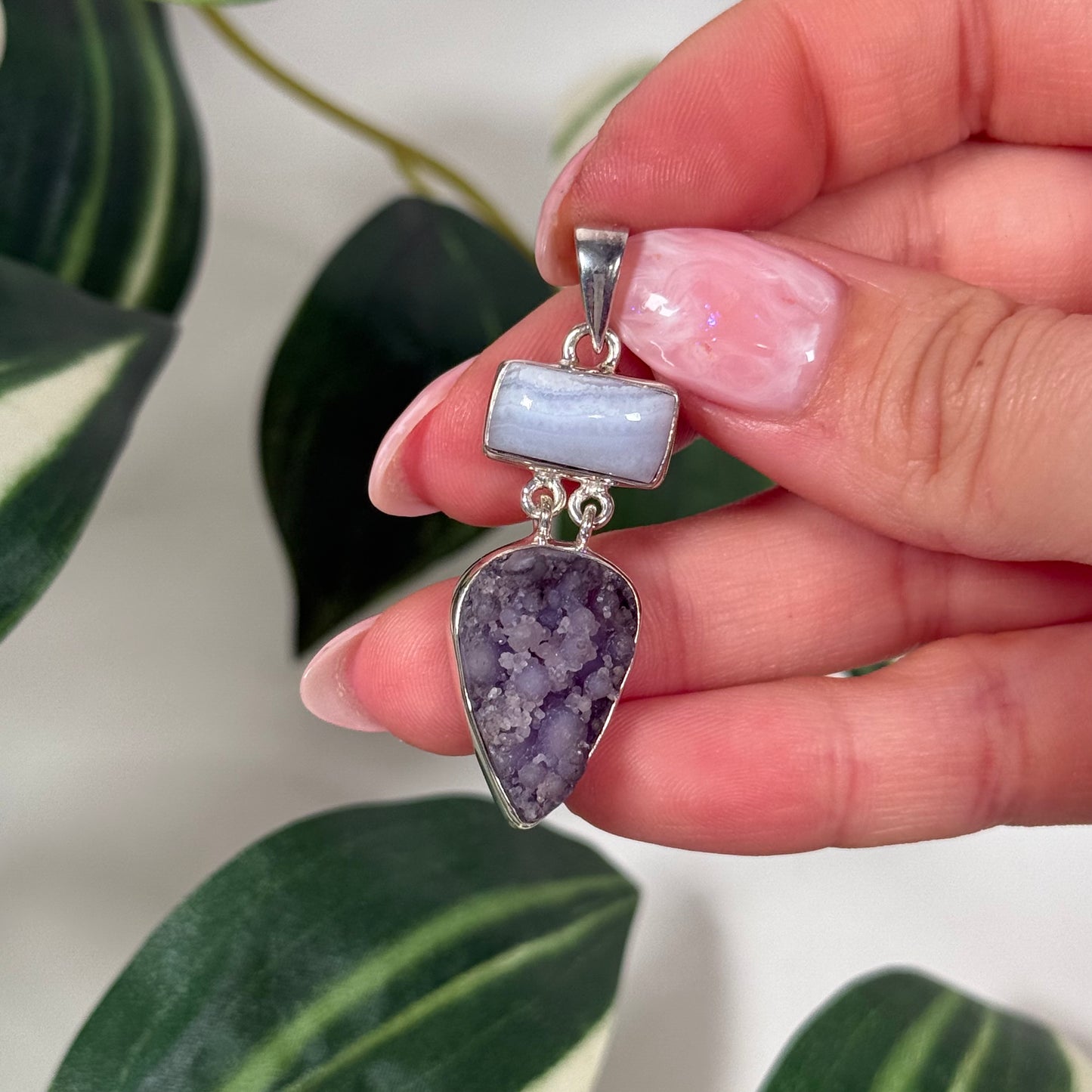 Blue lace agate x grape agate pendant