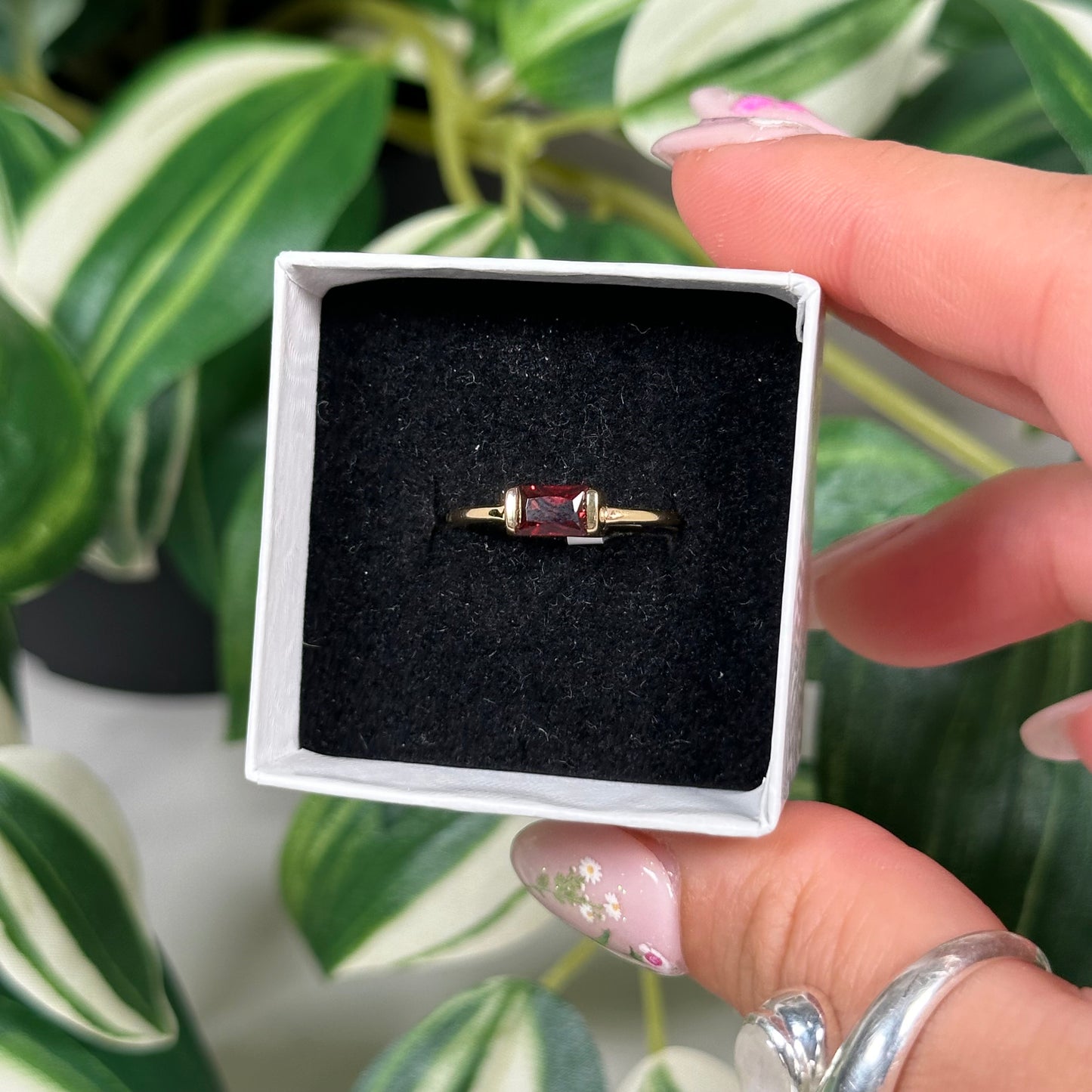 Gold plated size 8 garnet bar ring