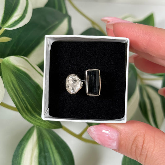 Black tourmaline/Herkimer diamond ring (Sizes 5, 9)