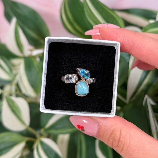 Size 11 larimar/topaz triple stone ring