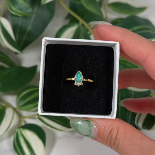 Size 8 gold plated Ethiopian opal with lab grown diamonds ring