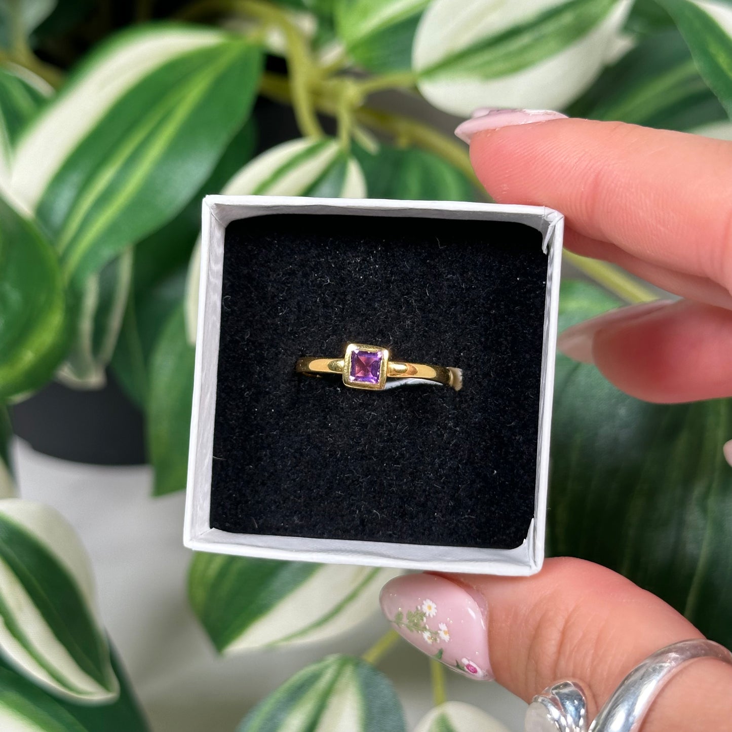 Gold plated square amethyst ring (size 8 & 10)