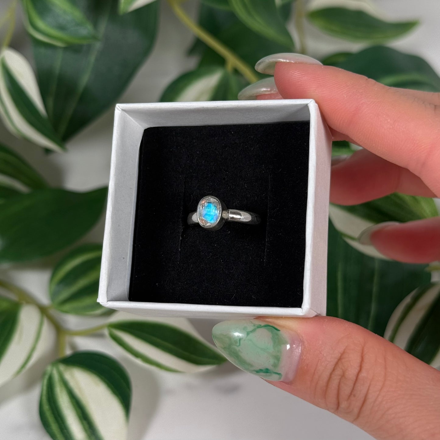 Size 6 teal Madagascar moonstone ring